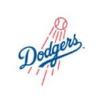 Dodgers logo with script text and baseball in motion.