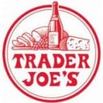 Trader Joe's logo with wine bottle, bread, grapes, cheese, and text.