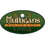 Mulligans Irish Pub & Grill logo with stylized M and gold, orange text.