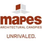 Mapes Architectural Canopies logo with geometric canopy and "UNRIVALED" tagline.