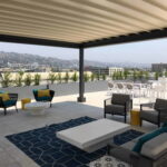 Rooftop patio with modern seating and tables under pergola.