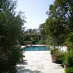 Stone path with plants leading to rectangular pool.