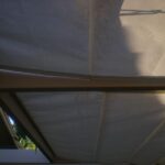 Translucent roof panels with beams and dappled sunlight.