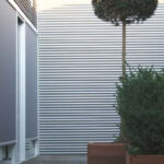 Courtyard with corrugated metal walls and potted tree.